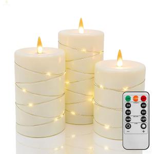 Flameless candles with fairy lights, battery-operated LED pillar candles 3-piece set, with remote control and timer function, 3D flickering flame, ivory color, for home and wedding decoration
