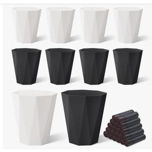 Krijuess 10Pack Office Trash Can with 375 Counts/ 25Rolls Trash Bags, 1.8 Gallons Small Trash Can Bulk for Bathroom, Small Bathroom Garbage Can for Bathroom, Bedroom, Office, Kitchen (5White, 5Black)