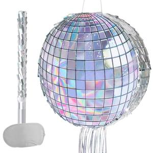 WERNNSAI Disco Ball Piñata - Disco Party Decoration for Adult Birthday Party Supplies Hanging Disco Piñata with Bat Blindfold Mirror Roller Skating Pull String, 12.2” x 12.2”