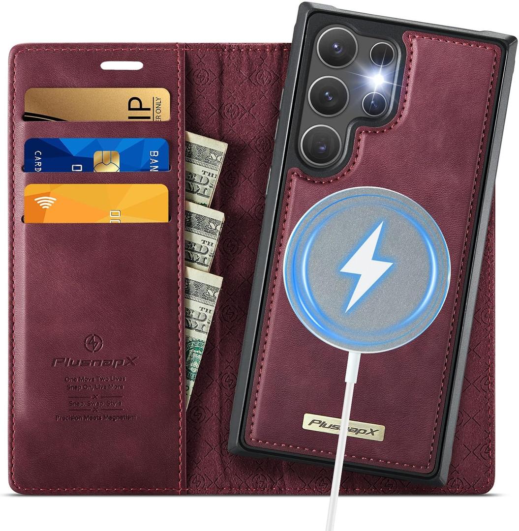Wallet Case for Samsung Galaxy S24 Ultra Compatible with Magsafe, 2-in-1 PU Leather Flip RFID Blocking Card Holder Stand Shockproof Magnetic Detachable Cover for Galaxy S24 Ultra, Burgundy