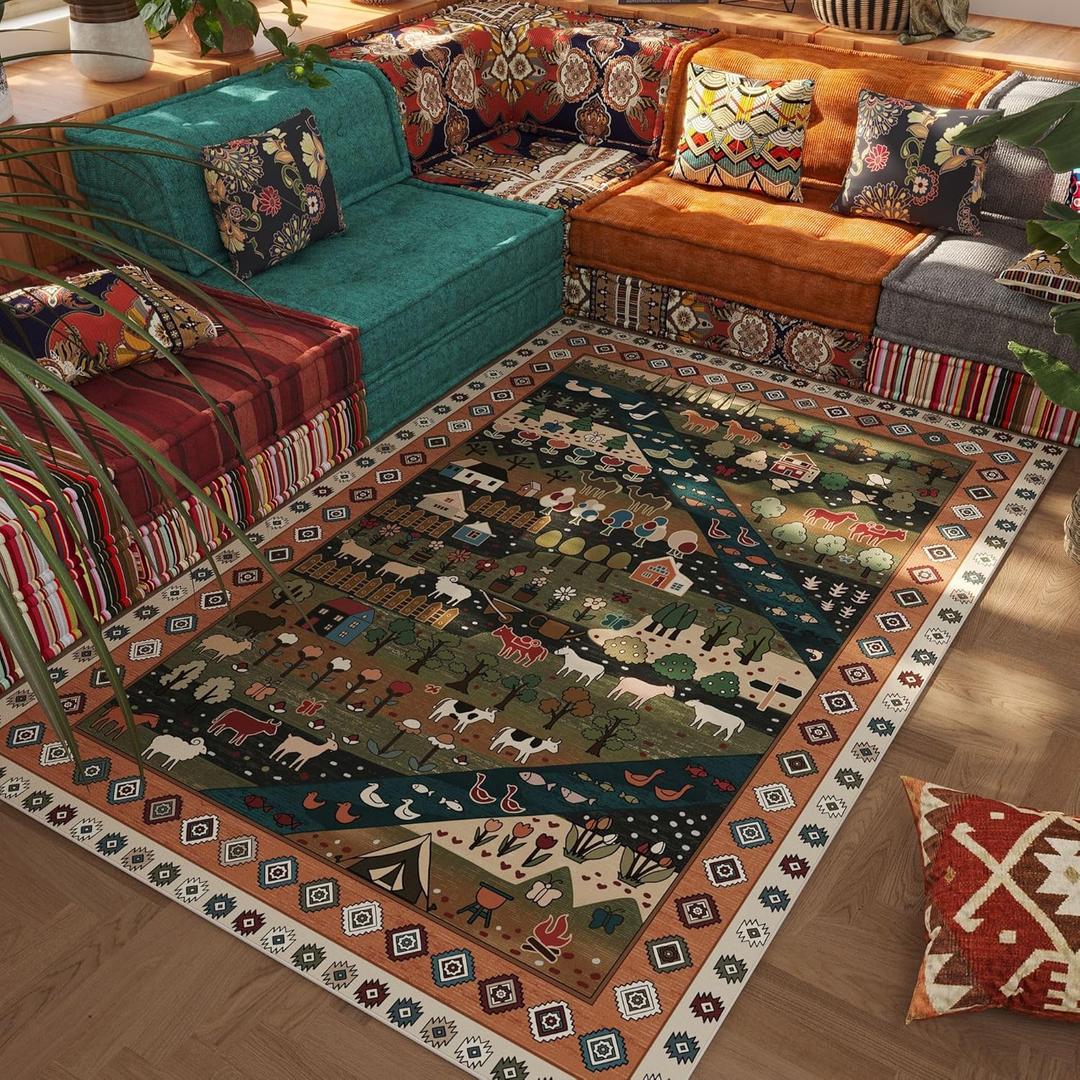 Area Rug 4x6 Rug Washable Nomadic Rugs Non Slip Low Pile Floral Animal Small Carpet for Bedroom, Bedside, Kids Room, Office, Dining Room, Green