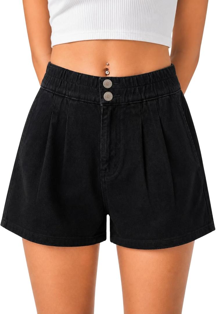 Women's Denim Shorts Elastic Waistband Wide Leg High Waisted Summer Baggy Jean Mom Shorts (Black)