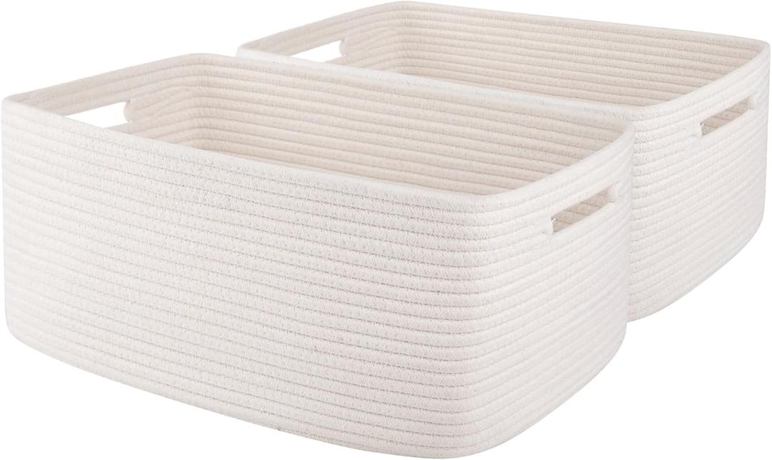 OIAHOMY Storage Basket for Shelves, Closet Cube Storage Bins Baskets for Clothes Blanket Towels, Baby Nursery, Toy Baskets Box, Woven Rope Basket, 17.72*12.99*7.87 IN, 2 Packs White
