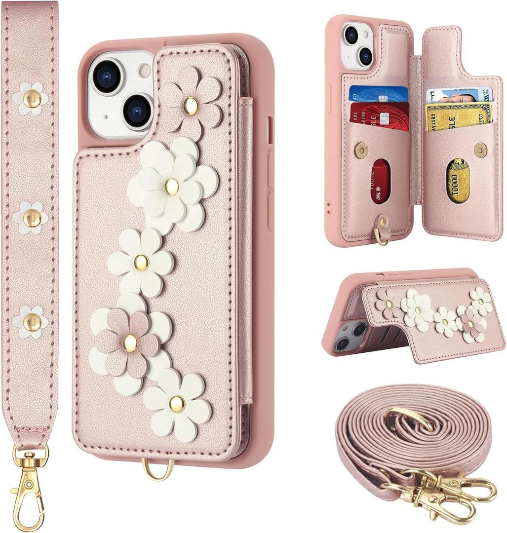 Compatible with iPhone 13 / iPhone 14 Wallet Case with Card Holder for Women, Kickstand, Crossbody Lanyard, Wrist Strap Flower Leather Flip Cover Designed for iPhone 13/14 6.1", Rose Gold