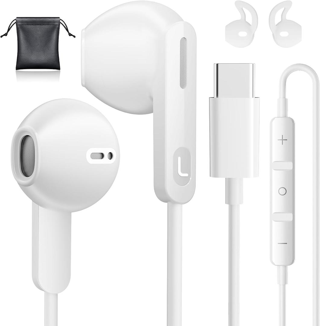 USB C Headphones Type C Earbuds for iPhone 15/16 Pro/ 15 Pro Max/Samsung S25 Headphones with Microphone Noise Isolation Stereo Wired Earphones for Samsung Galaxy S24 S23 S22 Pixel 9 8a Android (White)