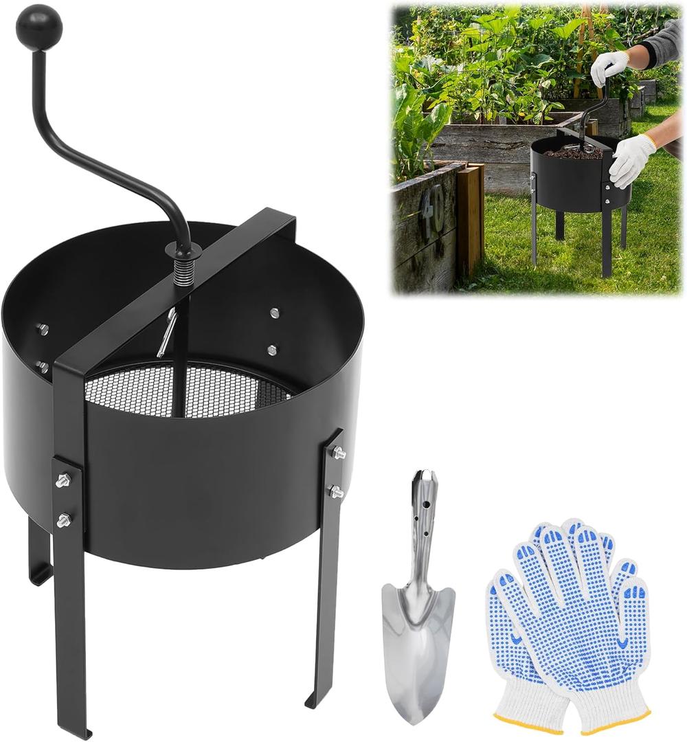 Rotary Soil Sifter Garden Soil Sifter with Gloves & Shovel, 13" Sifting Filter with 1/5 Inch Mesh Sifting, Heavy Duty Steel Garden Potting Sifting Mesh Rock Sand Dirt Sieve
