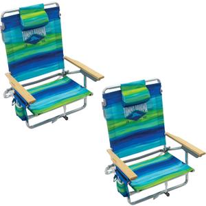 Tommy Bahama 2-Pack 5-Position Classic Lay Flat Backpack Beach Chair with Cooler and Cup Holder, Portable Folding Beach Chair for Tanning, Blue/Green