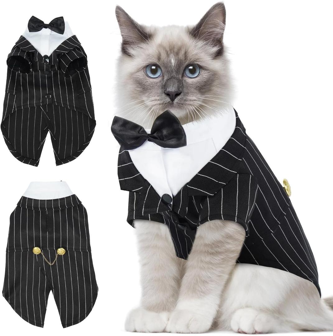 DENTRUN Cat Tuxedo Outfit, Sphynx Cat Costume Formal Suit with Bow Tie, Stylish Cat Shirt Fashion Apparel Fancy Clothes, Kitten Formal Attire Wedding Onesie Costume for Cats Only