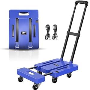 SPACEKEEPER Folding Hand Truck, 500 LB Capacity Luggage Cart, Portable Folding Dolly with 6 Wheels and 2 Elastic Ropes for Luggage, Personal, Travel, Auto, Moving and Office Use, Blue