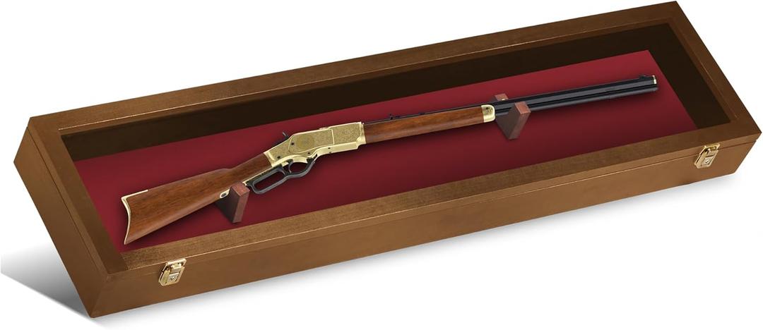 Gun Display Case - Lockable Rifle Display Case - Gun Cabinets for Rifles & Shotguns - Sword Wall Mount, Gun Wall Mount Display Case w/Acrylic Door (Walnut - Red Felt)