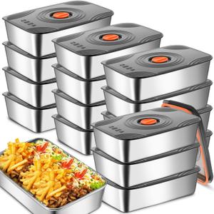 Layhit 16 Sets 34oz Stainless Steel Food Storage Containers with Lids Large Reusable Stackable Metal Container Outdoor Rectangle Fruit Lunch Box for Picnic Travel Dishwasher and Freezer Safe