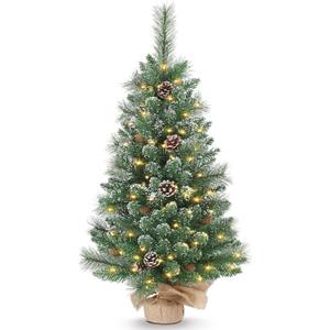 Tabletop Christmas Tree, 3FT Burlap Base with 35 LED Lights, White Tipped Branches, Prelit Small Artificial Tabletop Snow Flocked Christmas Trees Decor with Timer, for Outdoor Indoor Porch Table Xmas