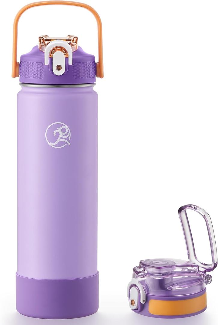 GOSWAG Insulated Water Bottle 24 oz, Stainless Steel Water Bottles with 2 Lids and Silicone Sleeve for School and Work, Double-Wall Vacuum Insulation (Matte Lilac)