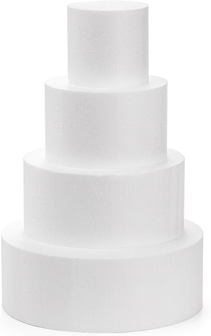 Hedume Set of 4 Round Foam Cake Dummies, 4 Tiers of 4" 6" 8" 10" White Dummy Cake Rounds, Cake Dummy Tier Set for Decorating, Crafts, Baking Displays, Wedding Cake Design, Birthday Cakes, Parties