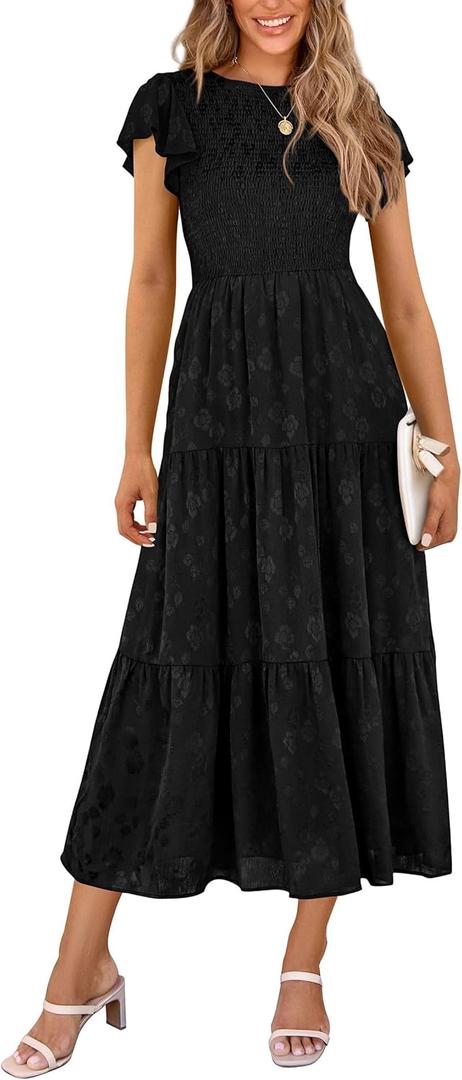 PRETTYGARDEN Midi Dresses for Women 2026 Summer Floral Cap Sleeve Smocked A Line Long Elegant Spring Wedding Guest Dress (Medium)