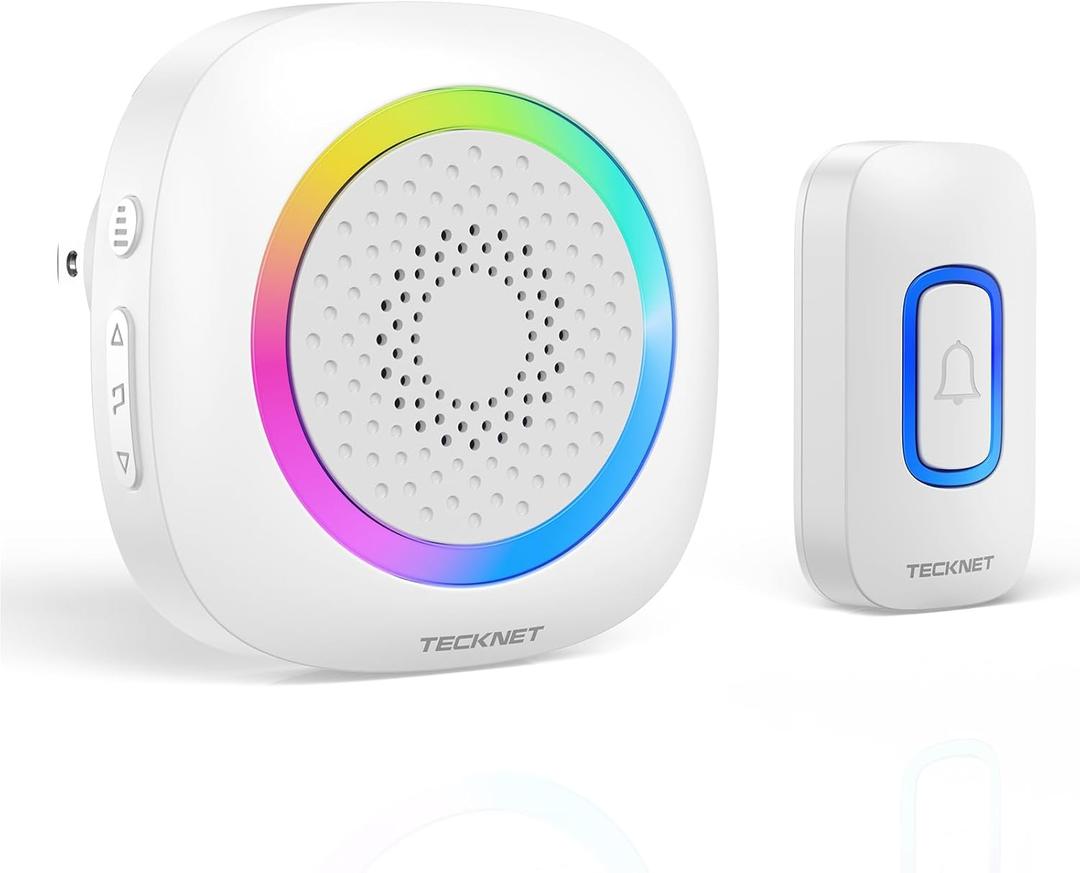 TECKNET Plug-in Wireless Doorbell with RGB Lighting & 1300 Feet Range,IP66 Waterproof Doorbell for Home/Classroom/Office/Business,60 Chimes,5-Level Volume,4.5-Year Battery Life(White) (Plug in-White-1 Receiver+1 Button)