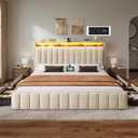 YITAHOME King Size Bed Frame with 4 Storage Drawers and RGB Lights, Velvet Upholstered Platform Bed with Charging Station and Storage Headboard, No Box Spring Needed, Noise-Free, Easy Assembly, Beige