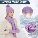 Double Couple 3pcs Winter Women scarf and hat and Touch Screen Gloves Set for Women Knit Hat with Faux Fur Ball Scarves Glove (Purple)