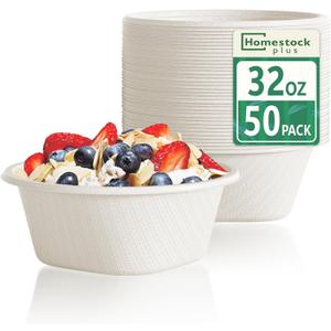 Homestockplus Disposable Soup Bowls 32 Oz [50 Pack] - Heavy Duty Deep Paper Bowls, Leakproof Compostable Containers for Ramen, Chili & Catering, Microwave Safe Bowls (White)