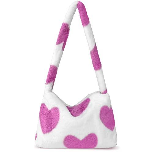 Fuzzy Tote Bag Y2K Fluffy Shoulder Bag Women Furry Purse Large Cute Plush Bag Ladies Faux Fur Bag for Autumn and Winter (Pink Heart)