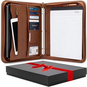 Portfolio Organizer - 3 Ring Binder with Notepad - 1.5 Inch Rings - Zippered Storage Pockets for Papers, Travel Documents, Presentation Folder, Cards, Passport, Tickets - Brown