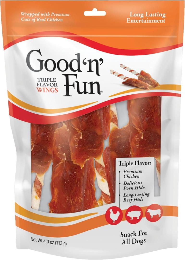 3 x Good n Fun Triple Flavor Wings Chews for All Dogs, Treat Your Dog to Long-Lasting Chews Made with Chicken, Pork Hide and Beef Hide, , 4 Ounces (EXP 05/24/28)