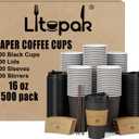 LITOPAK 500 Pack 16 oz Disposable Coffee Cup with Lids, Sleeves, and Stirring Sticks, Black Hot Paper Coffee Cups for Home, Travel, Office, Party