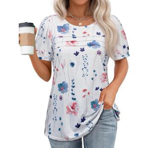 Womens Summer Short Sleeve Tops Pleated Shirts Crewneck Outfit Puff Sleeve Blouses Casual Tunic Blue Flower (White, XL)