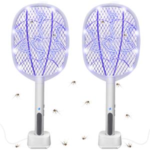 Electric Fly Swatter Rackets, 2-in-1 Handhold Bug Zapper with 3000V High Voltage, Plug-in Mosquito Killer Insect Light Trap with 3 Layer Safety Mesh Portable for Indoor Outdoor Use (2) (White-2 packs)