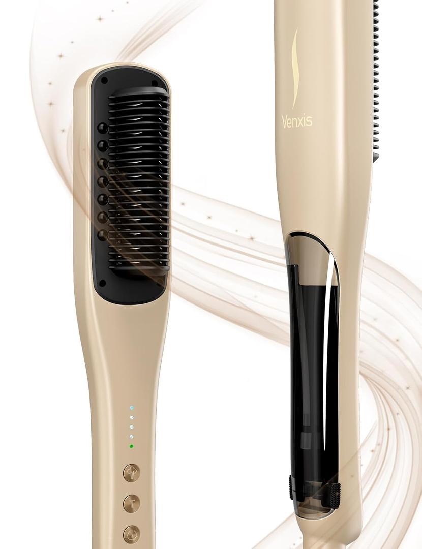 Hair Straightener Brush,Venxis Straightening Comb with Steam, 3 Temp Settings & 20s Fast Heating, 120 Voltage&30-Minute Auto Shut-Off, Steam Design for Hair Treatment (Gold)