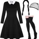 Women Halloween Costumes Adult, Long Sleeve White Collar Black Gothic Dress for Women, Halloween Costumes for Woman (X-Large)