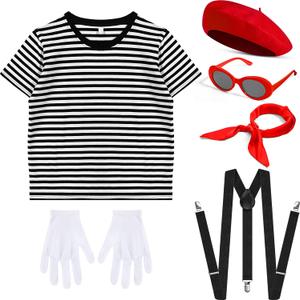 Zhanmai French Mime Artist Costume Set for Women Red Beret Sunglasses Neck Scarf Gloves Suspenders for Costume Party(XL)