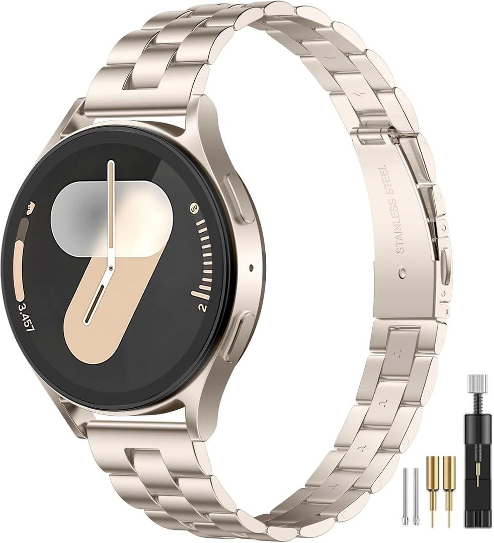 Thin Metal Compatible with Samsung Watch 7 bands, Adjustable Stainless Steel Replacement Strap for Galaxy Watch 7/FE/6/5/4 40mm 44mm /Galaxy 6 Classic/5 Pro/4 Classic/Active 2 Women Men (Starlight)