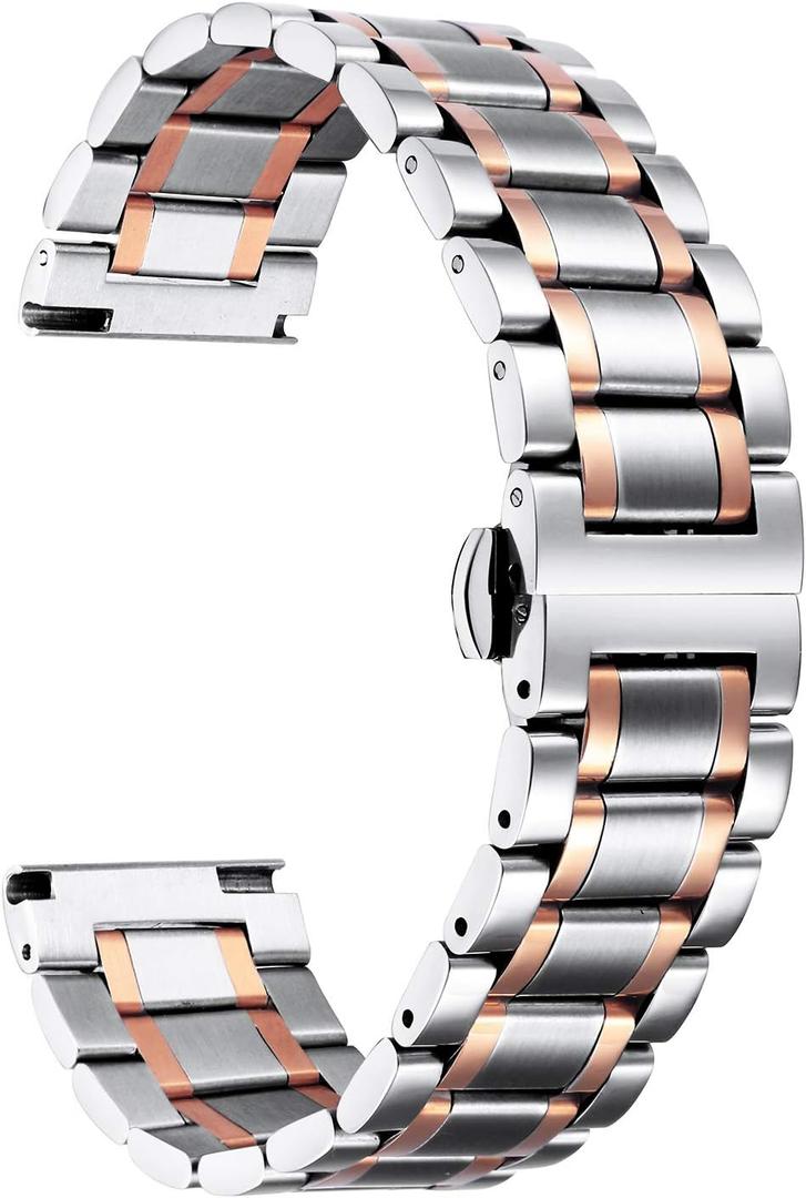 BINLUN Stainless Steel Watch Bands Quick Release 12mm-24mm Universal Metal Replacement Watch Straps SmartWatch Bracelets Links Straight & Curved Ends Men Women 6 Colors(Silver-Rose Gold,20mm)