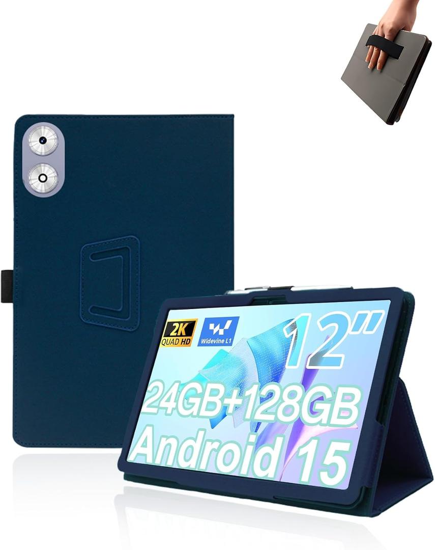 Case for Generic A116C Tablet 12 inch Android 15 Tablets,UYRUREL Leather Slim Folding Stand Cover with Hand Strap Magnet for Men Women Full Protection,Blue.