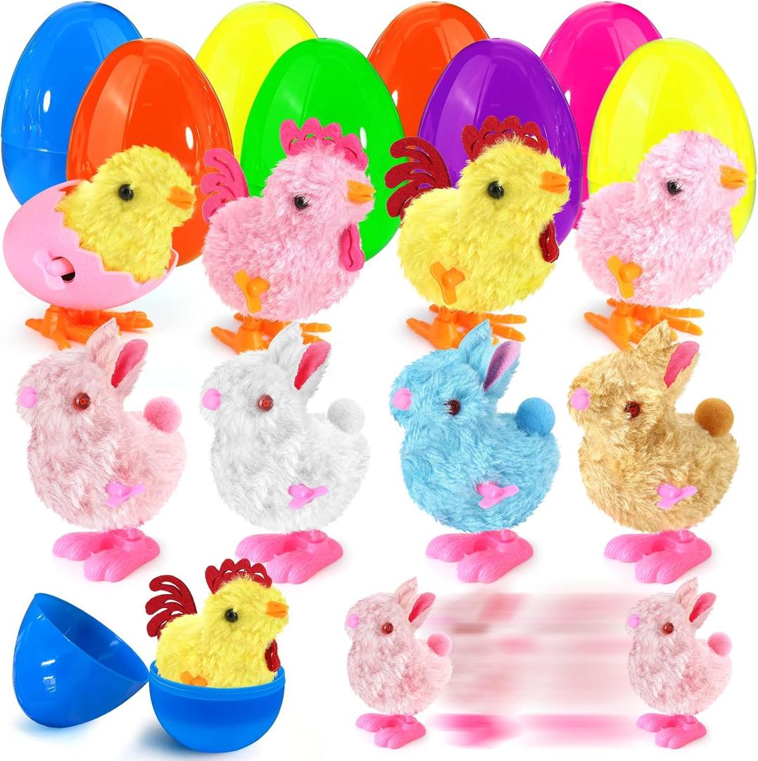 8 Pack Jumbo Easter Eggs Fillers with Wind Up Chicks Bunny Plush, Colorful Easter Plastic Egg with Wind Up Toys, Easter Basket Stuffers with Toys Inside, Easter Egg Hunt Party Favors for Kids Toddlers