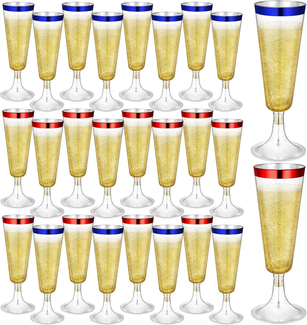 24 Pcs Plastic Champagne Flutes 4 oz Clear Toasting Glasses Disposable Plastic Glasses Cocktail Cup for Halloween Christmas Wedding Bridal Shower Birthday Anniversary Party(Blue,Red)
