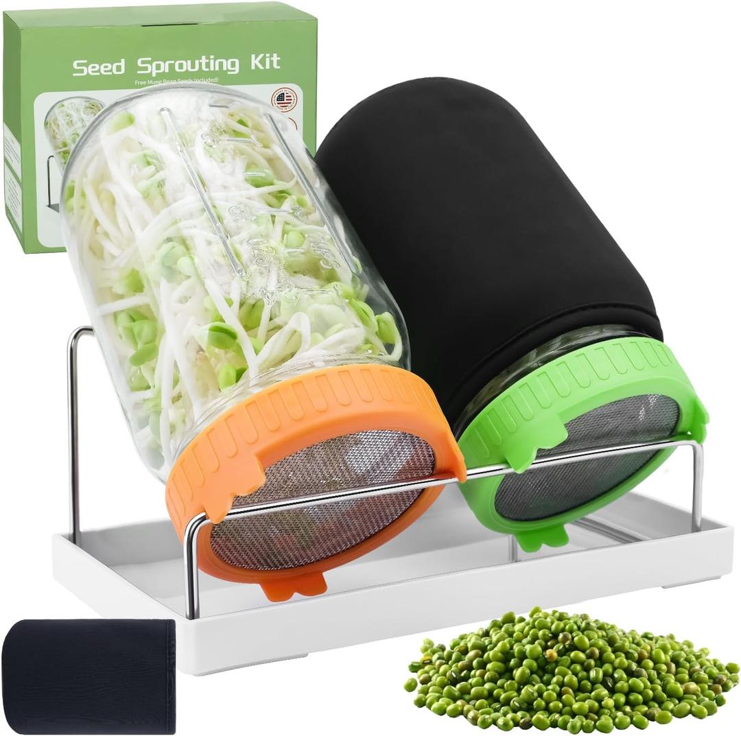 Seed Sprouting Kit with Mung Beans 80g, 2 Large Wide Mouth Mason Jars with Sprout Lids, Blackout Sleeves, Drain Tray, Stainless Steel Stand, Sprouts Growing Kit for Growing Bean Alfalfa Sprout Seeds