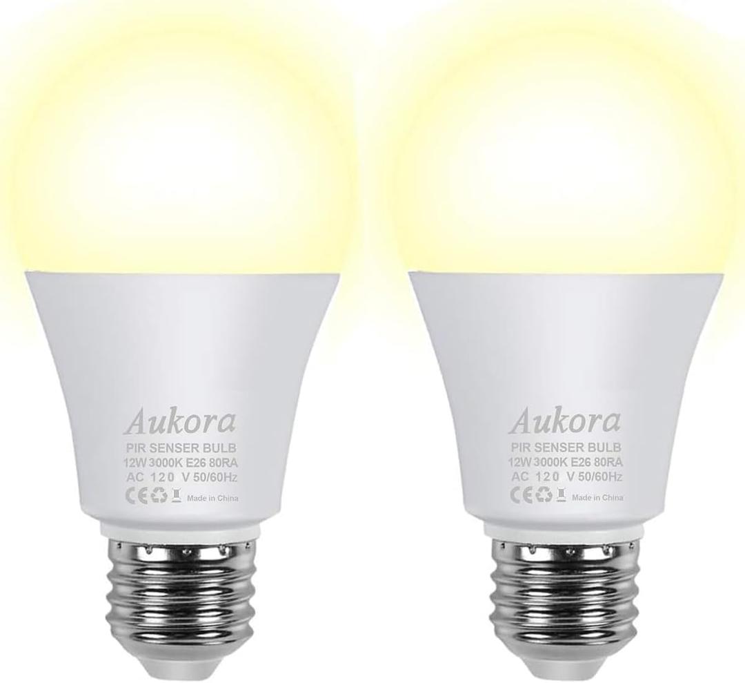 Motion Sensor Light Bulbs, Aukora 12W (100Watt Equivalent) E26 Motion Activated Dusk to Dawn Security Light Bulb Outdoor/Indoor for Front Door Porch Garage Basement Hallway Closet(Warm White 2 Pack)