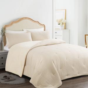 HOMBYS 3 Piece Seersucker Oversized King Comforter Set 120"x120", Breathable Beige Soft Comforter Set, Lightweight Down Alternative Comforter, Bedding Comforter Sets with 2 Pillow Shams for All Season