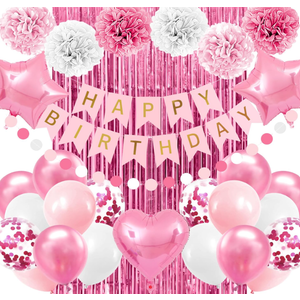 Pink Birthday Party Decorations for Girls Women Happy Birthday Banner Light Pink and White Balloons party decor Pom pom Flower Confetti Ribbons Foil Fringe Curtain