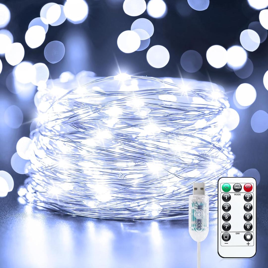 Fairy Lights Plug in, 33Feet 100 LED USB Powered Twinkle Lights with Timer and Remote, Starry String Lights for Indoor Outdoor Wreath Wall Dorm Bedroom Mason Jar Christmas Decoration (Pure White)