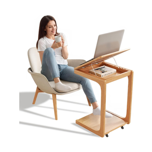 Wooden C-Shaped End Table,Couch Table with Adjustable Desktop,Small Rolling Side Table with 2 Lockable Wheels,Small End Table for Couch, Living Room,Bedroom (Natural)