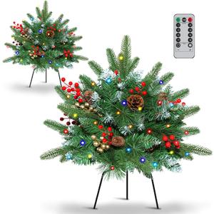 Set of 2 23.6 Inch Lighted Outdoor Christmas Tree Christmas Planter Filler with Remote, 8 Modes, Battery Operated Urn Filler Porch Decorations with Pine Cones, Red Berries for Pathway Yard Home Decor