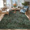 Dark Green Floral Washable Rugs 5x7, Vintage Forest Green Rugs for Living Room Bedroom, Boho Low Pile Non Slip Stain Resistance Indoor Large Carpet for Farmhouse Dining Room Office, Dark Green