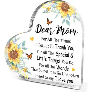 Sunflower Mom Gifts,Thank You Gifts for Moms Mother's Day Birthday Christmas,Unique Mother Gift Ideas,Dear Mom I Need to Say I Love You Acrylic Heart Plaque My