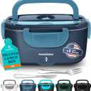 TRAVELISIMO Electric Lunch Box for Adults 100W Heated Lunch Box For Men 1.5L Stainless Steel Portable Food Warmer, 12/24/110V Electric Food Warmers for Travel & Work Loncheras Para Hombres de Trabajo (Dark Blue)