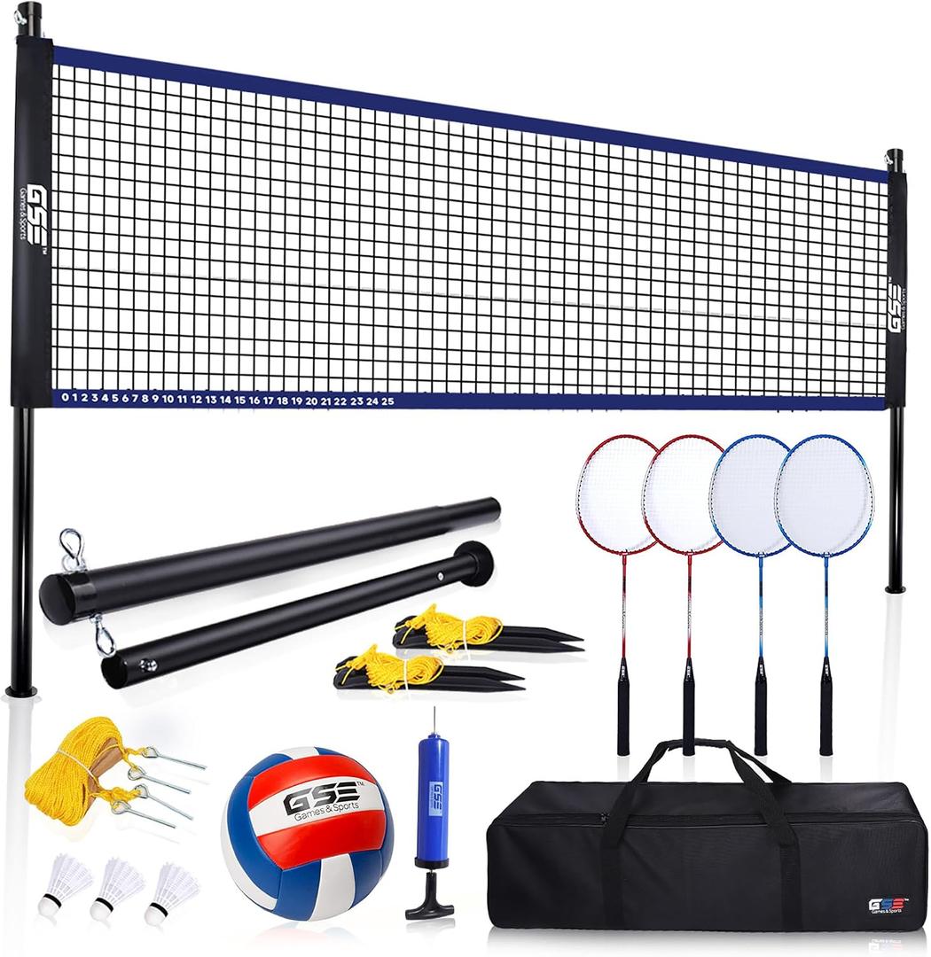 GSE Games & Sports Expert Outdoor Yard Sports Net Game Set for Backyards, Parks, Beach, Lawn. Volleyball Set, Badminton Set OR Volleyball & Badminton Combo Set
