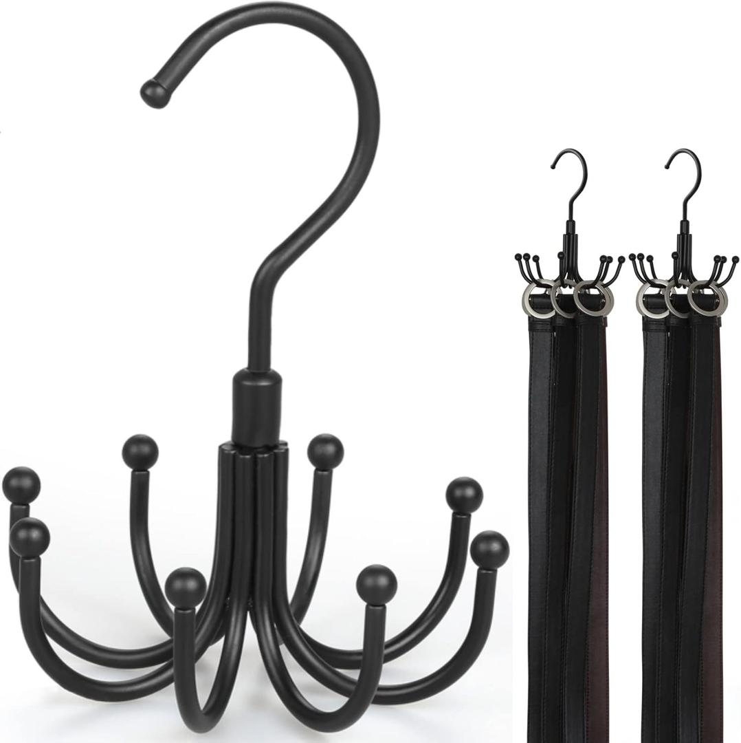 TOPIA HANGER Belt Hanger 2-Pack, 360Rotatable Belt Organizer for Closet, Belt Rack, Accessory Organizers, Closet Storage Hook for Belt, Dog Harness, Tie, Tank Top, Bra, Purse, Scarf (8 Hooks, Black)