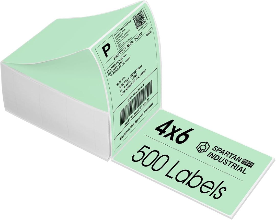 Spartan Industrial - 4" X 6" Green Direct Thermal Fanfold Labels (500 Count, 1 Stack) - Printable Postage Shipping Labels, Package Identification - Compatible with Zebra and Rollo Printers
